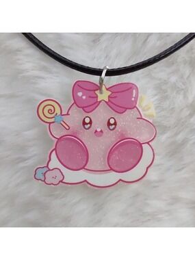 2/$10 Handmade Cute Kirby With Bow Acrylic Charm Necklace